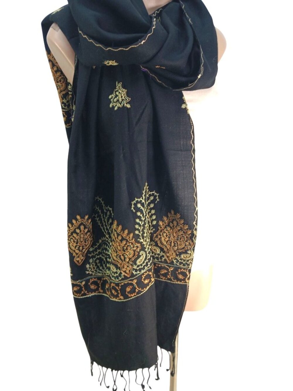 Pashmina Stole Black Embroidered Shawl Wrap Scarf Gold Green Accents Fringe
